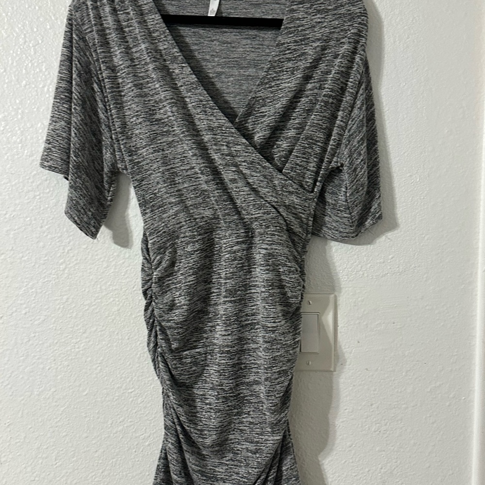 Leith Gray Ruched Wrap Midi Dress